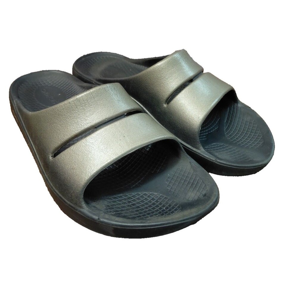 OOFOS Slide Sandals Black Bronze Metallic Unisex Women's 8 Men's 6